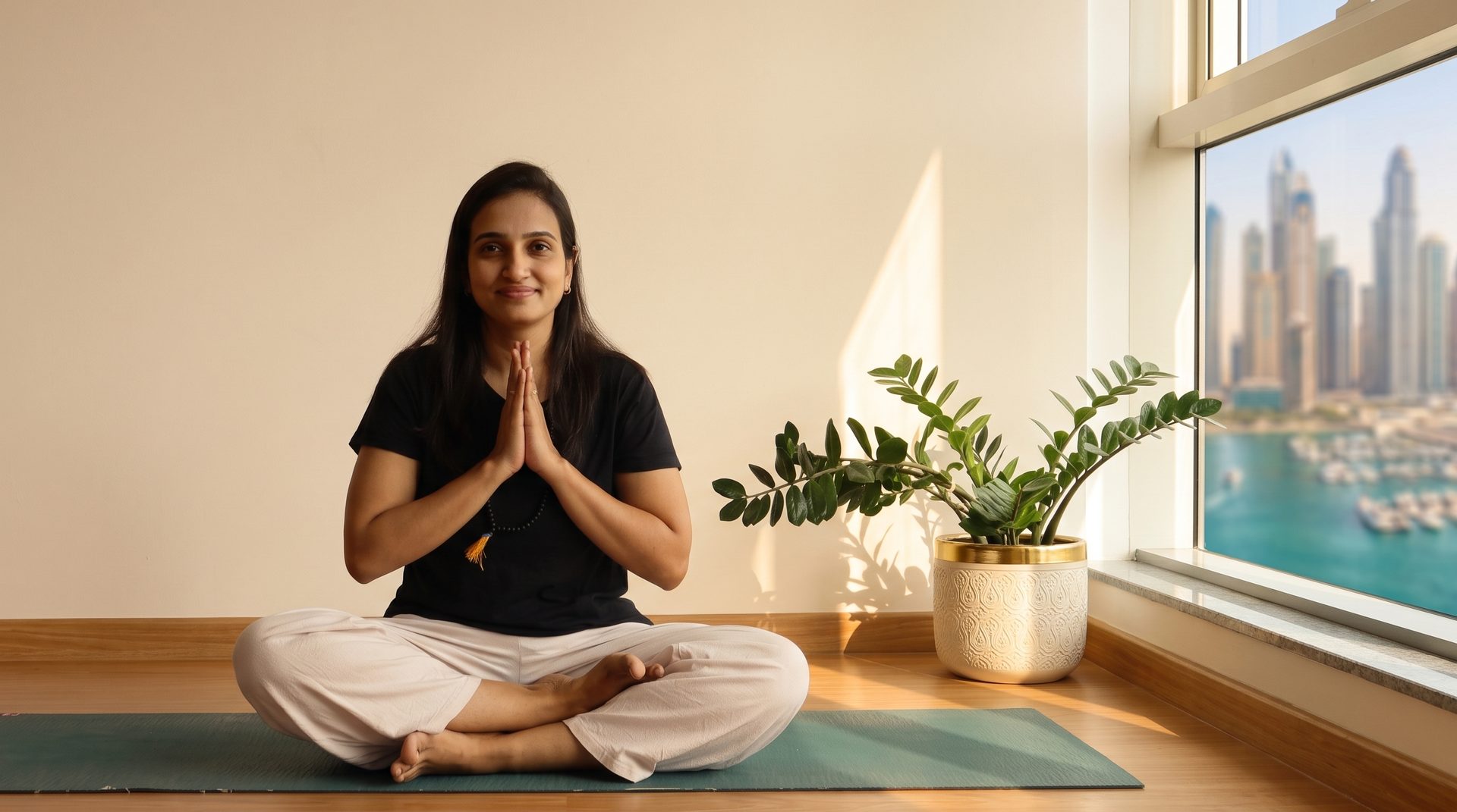 Private yoga session at home in Dubai, overlooking the marina skyline